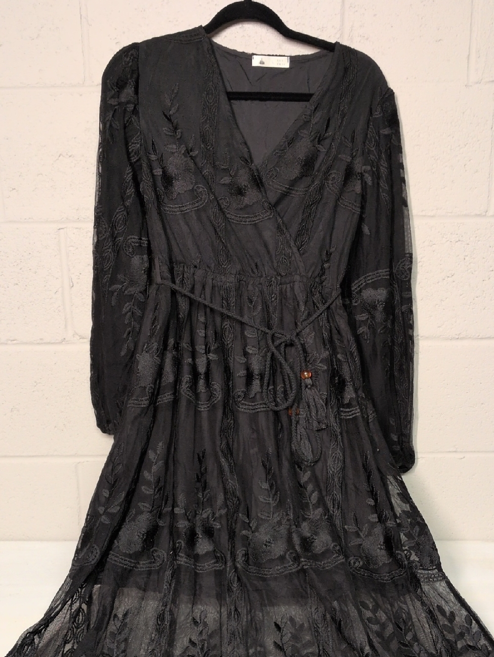 Women's Sheer Black Lace Long Sleeve Boho Maxi Dress Size Large/8 NWOT - Picture 8 of 11